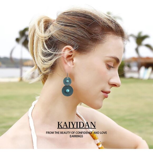 Turquoise Two loops Bronze Vintage Long Summer Earring for Women Jewelry - Picture 2 of 9